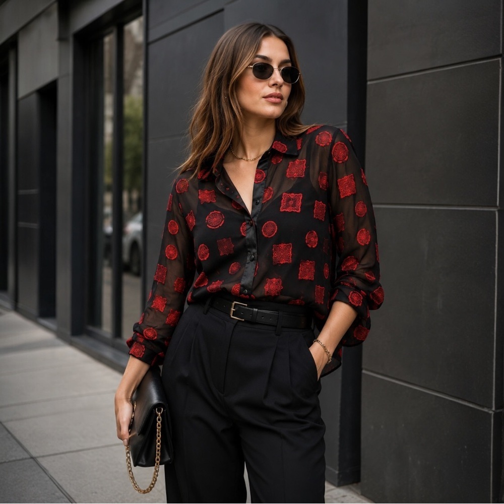 Morgan Taylor Intimates Sheer Black night shirt with Red Accents